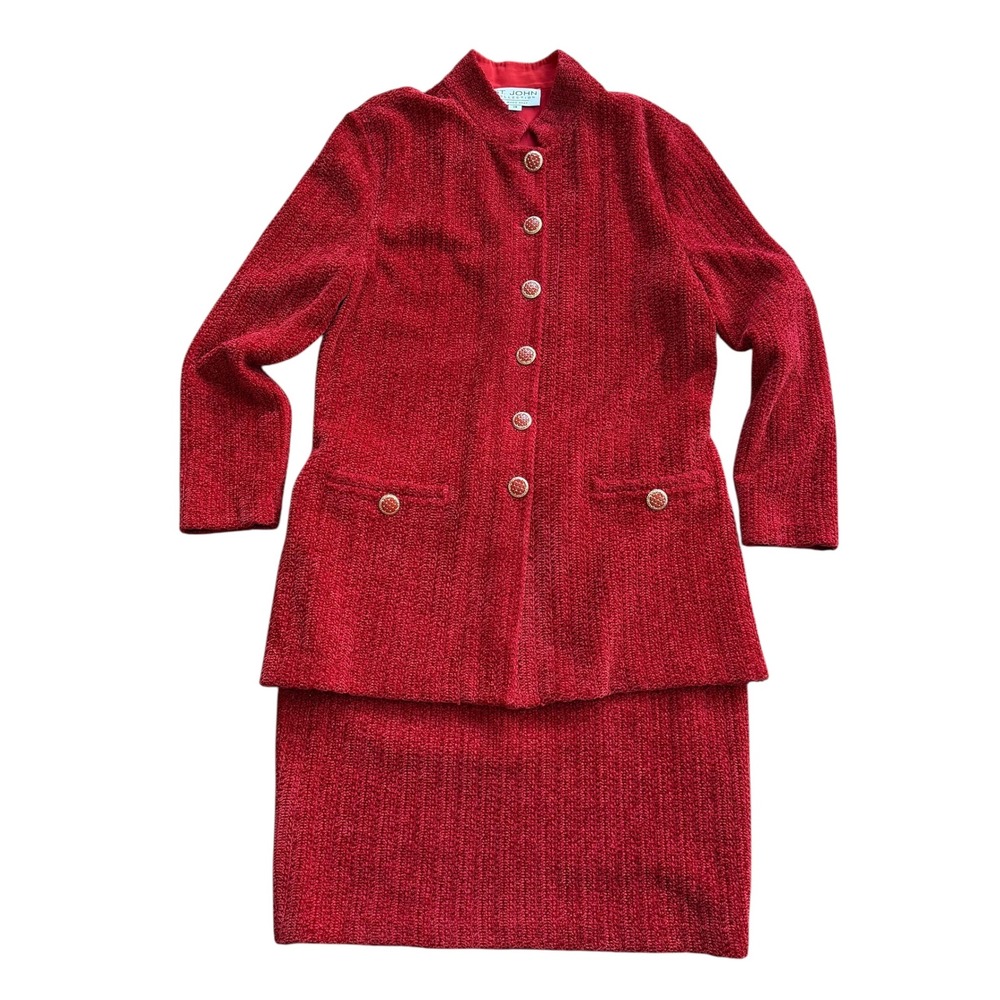 St. John Collection Red Wool Knit Skirt Suit Set Marie Gray Jacket Skirt Sz 14‎